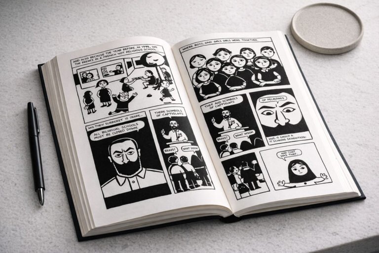 Persepolis: A high-contrast lifestyle photograph of Marjane Satrapi's graphic memoir on a white stone surface.