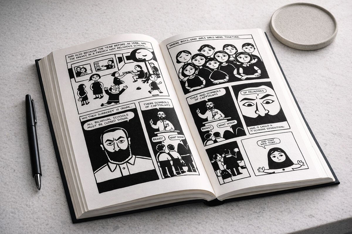 Persepolis: A high-contrast lifestyle photograph of Marjane Satrapi's graphic memoir on a white stone surface.