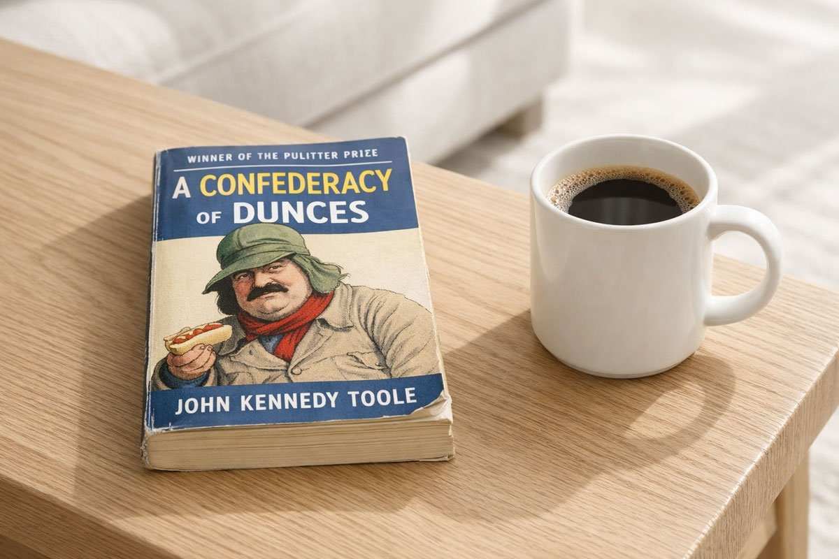 a confederacy of dunces: A minimalist lifestyle shot of the classic novel on an oak table with a coffee mug.