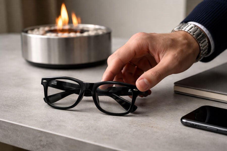 High-tech and stylish items from the best Amazon gifts for men list, featuring smart glasses and a tabletop fire pit.
