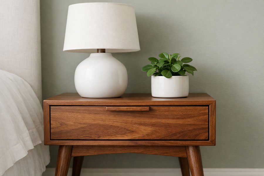 Mid-century modern decor: Close-up of a walnut nightstand with tapered legs and a minimalist white ceramic lamp.