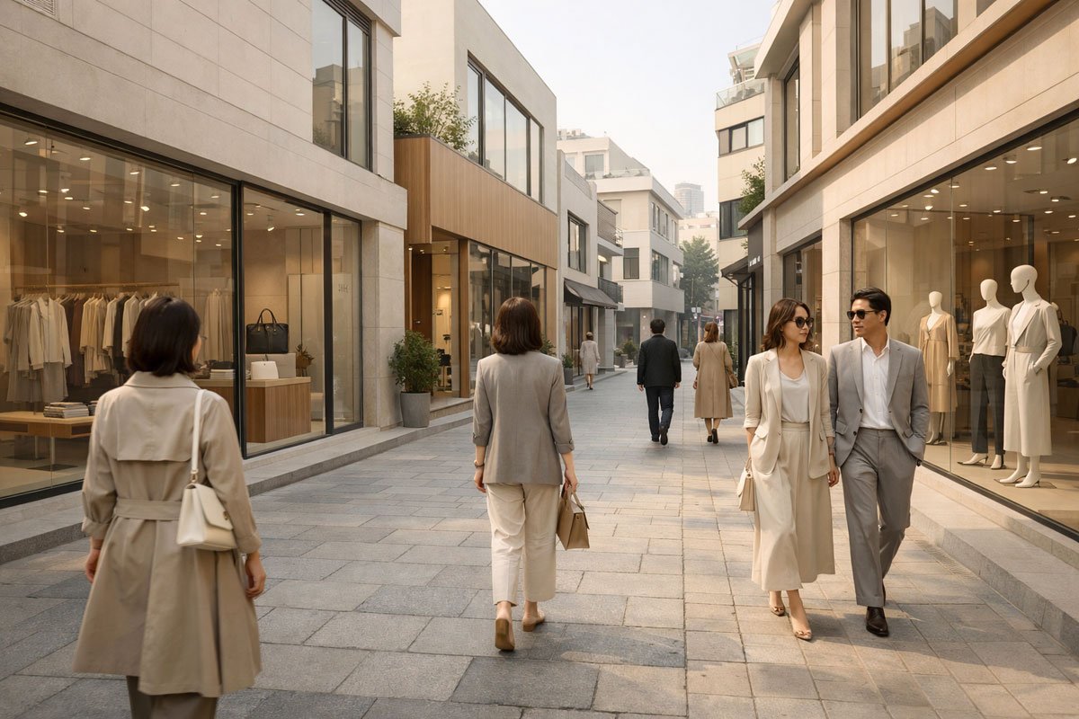 Best shopping destinations: A minimalist and stylish shopping street in the Hannam-dong district of Seoul in a neutral aesthetic.