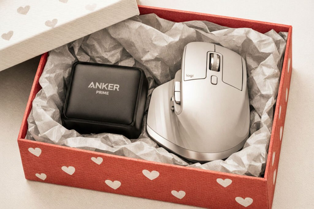 Valentine's Gifts for Men: A minimalist gift box featuring a high-end charger and ergonomic mouse in a neutral aesthetic.