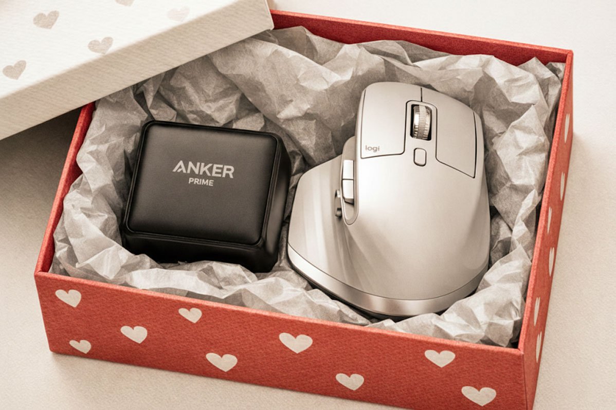 Valentine's Gifts for Men: A minimalist gift box featuring a high-end charger and ergonomic mouse in a neutral aesthetic.