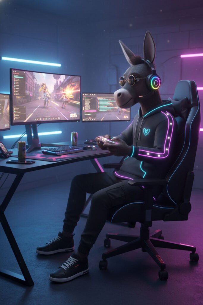 SMAO donkey gamer at his desktop with gaming accessories