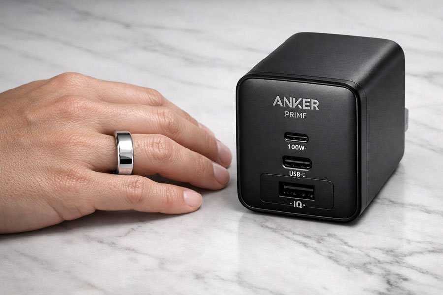 Close-up of premium affordable luxury products, including the Oura Ring 4 and Anker 100W charger.