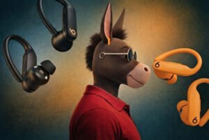 Amazon’s Best Rated Wireless Earbuds: The SMAO Donkey mascot showcases the year's top-rated audio products in a professional studio setting.