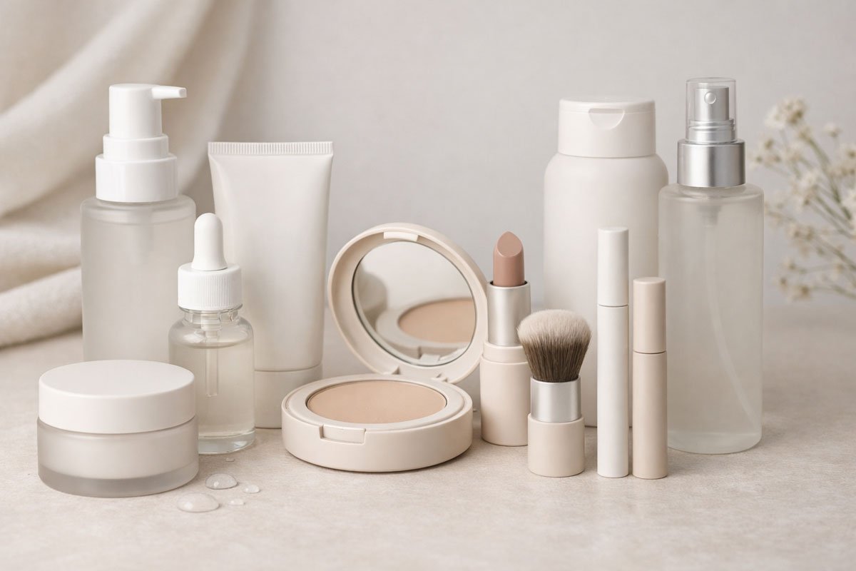 A collection of beauty products with generic packaging in neutral colors.