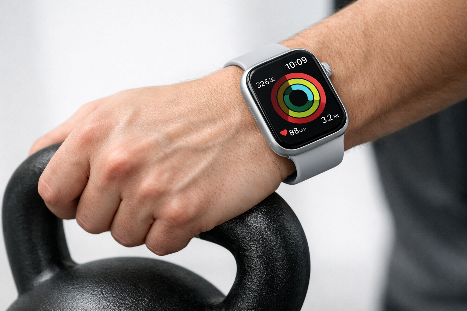 Close-up of best Amazon fitness products including an Apple Watch Series 11 and a matte black kettlebell.