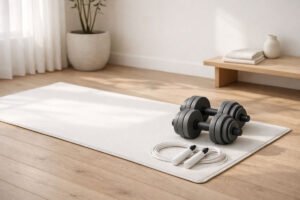 A minimalist home gym setup in a bright, airy room. A white yoga mat is spread across a light wood floor, with a set of matte gray adjustable dumbbells and a white smart jump rope neatly placed to the side. The color palette is strictly neutral: off-whites, soft grays, and natural wood. High-end lifestyle photography, soft morning sunlight, 8k resolution.
