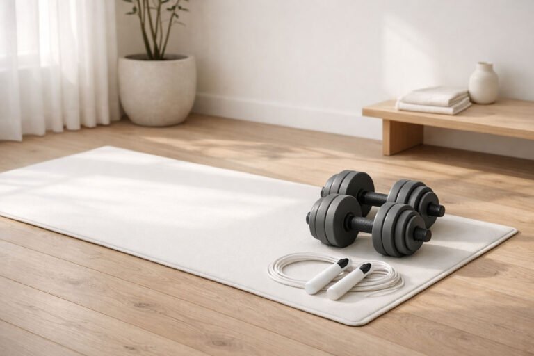A minimalist home gym setup in a bright, airy room. A white yoga mat is spread across a light wood floor, with a set of matte gray adjustable dumbbells and a white smart jump rope neatly placed to the side. The color palette is strictly neutral: off-whites, soft grays, and natural wood. High-end lifestyle photography, soft morning sunlight, 8k resolution.