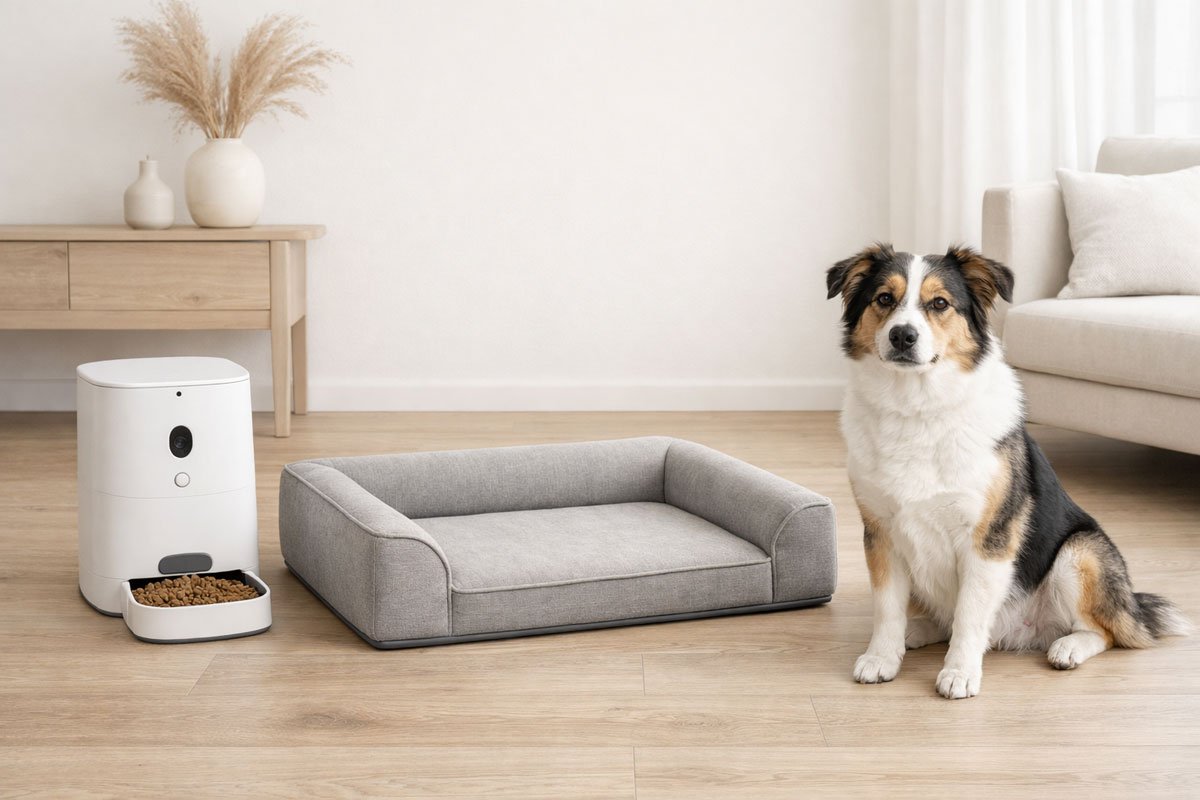 Modern home interior featuring best Amazon pet products like a white automatic feeder and a gray orthopedic dog bed