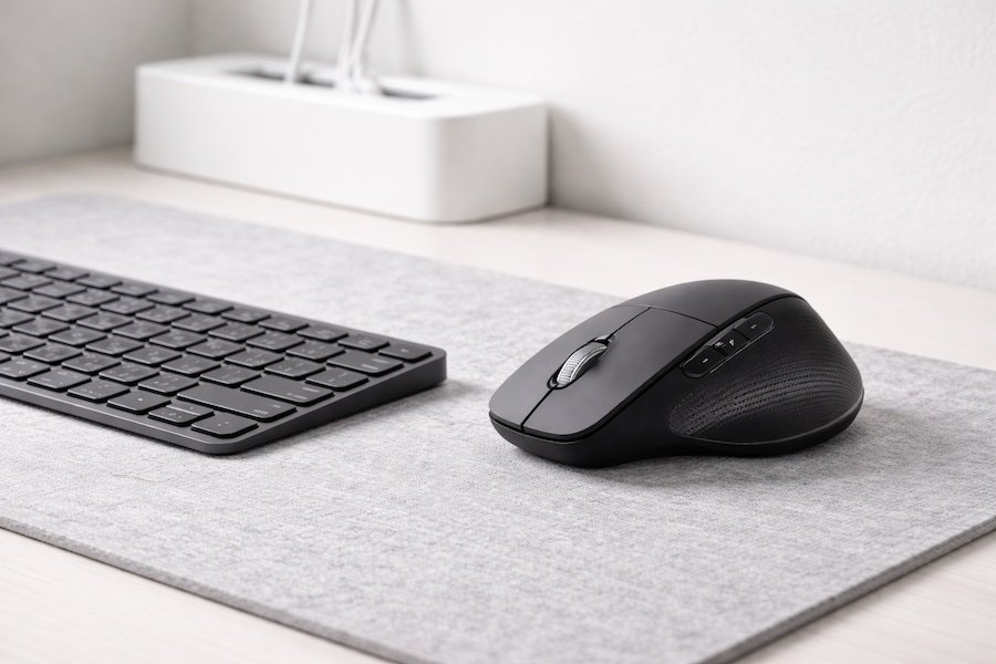 Close-up of cool office gadgets including a black wireless ergonomic mouse and a white cable management box.