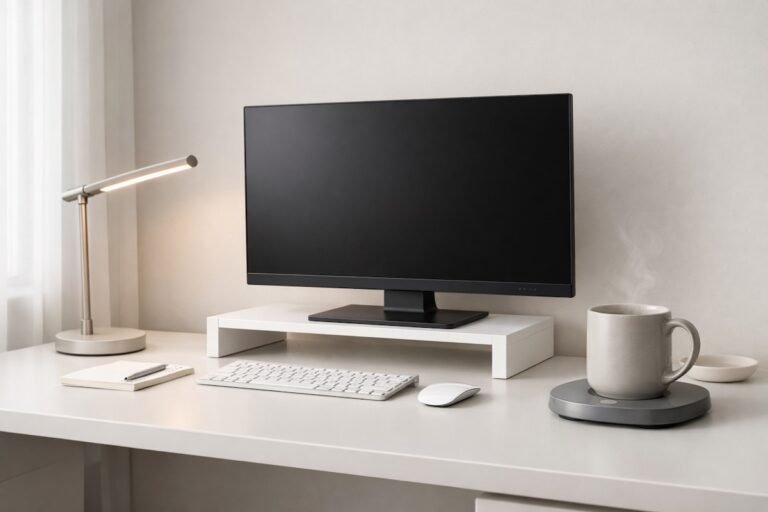 Modern minimalist home office setup featuring cool office gadgets like a white monitor stand and a gray mug warmer.