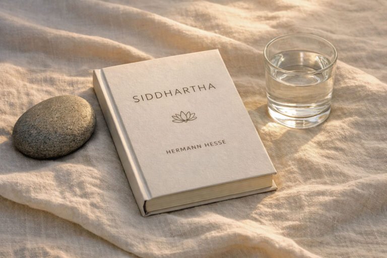 Siddhartha: A minimalist and serene lifestyle photograph of the Hermann Hesse novel on a linen cloth.