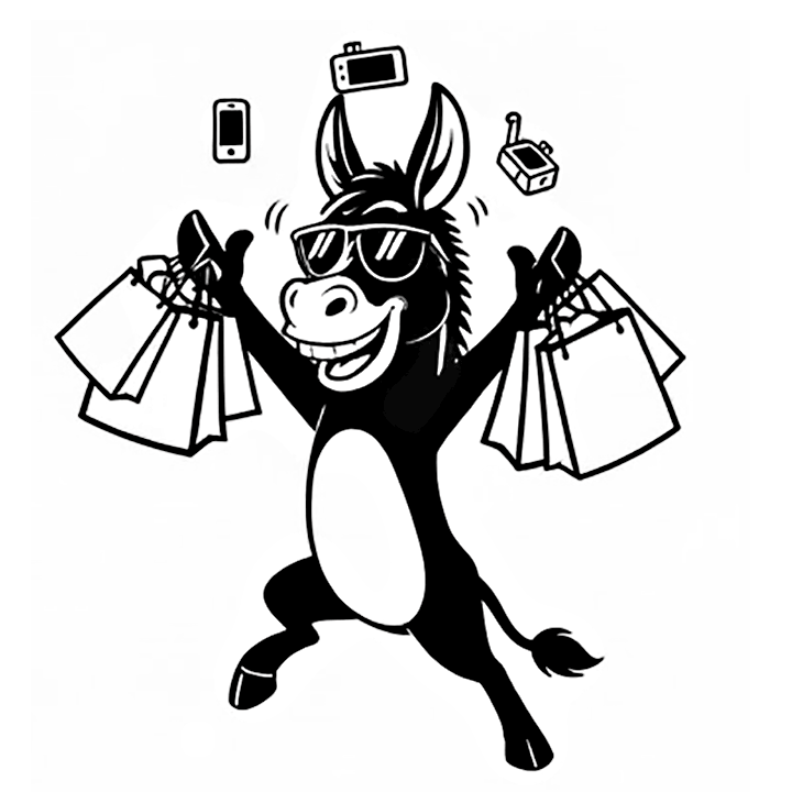 SMAO donkey gleefully holding up shopping bags with three gadgets floating above.