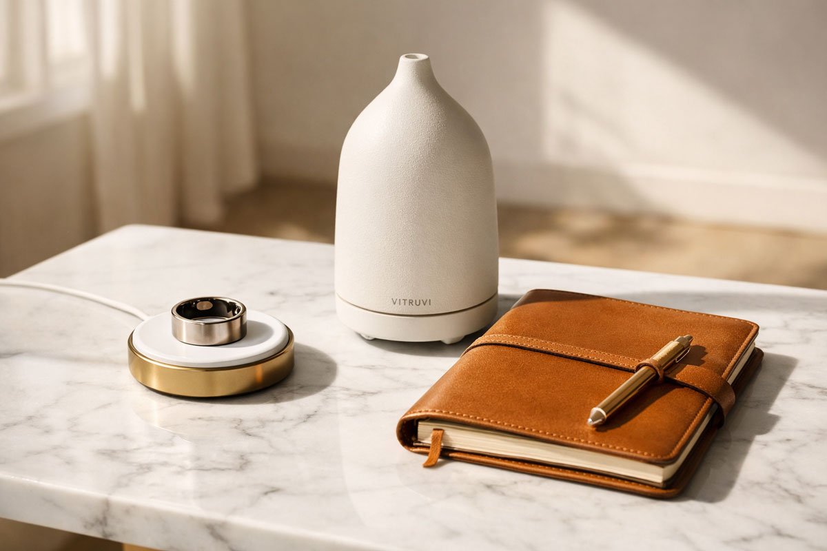 Thoughtful gifts for life transitions: A curated selection of high-end wellness and lifestyle products on a marble surface.