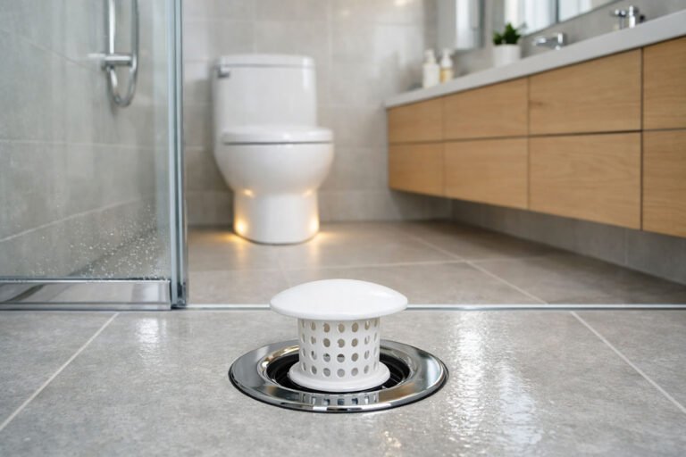 Useful Amazon products: a POV shot from a shower looking through a glass door at a TubShroom drain protector and a glowing motion-sensor toilet light